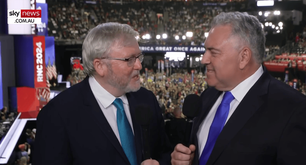 Kevin Rudd Handpball Kevin Rudd works room at RNC to shore up 'Trumpified' AUKUS